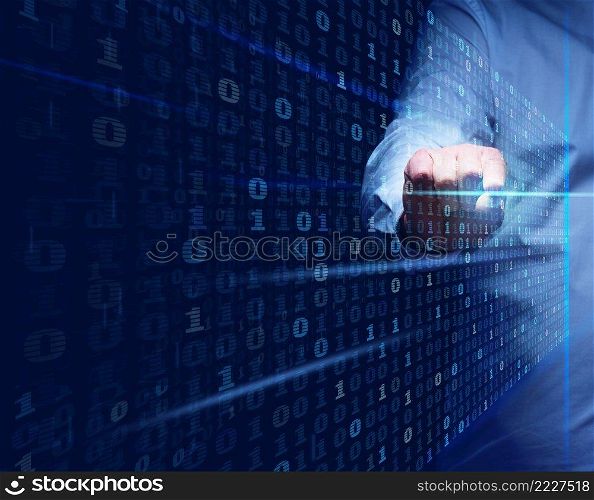 a man stands in front of a virtual screen with a binary code. Data verification, device and network control. Data protection, search for information leakage
