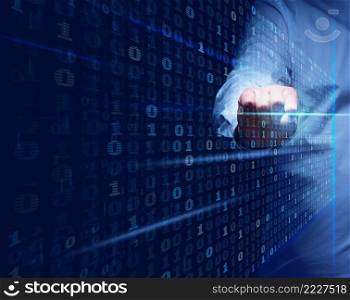 a man stands in front of a virtual screen with a binary code. Data verification, device and network control. Data protection, search for information leakage