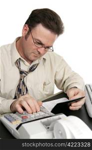 A man using a calculator to balance his checkbook. Isolated on white.