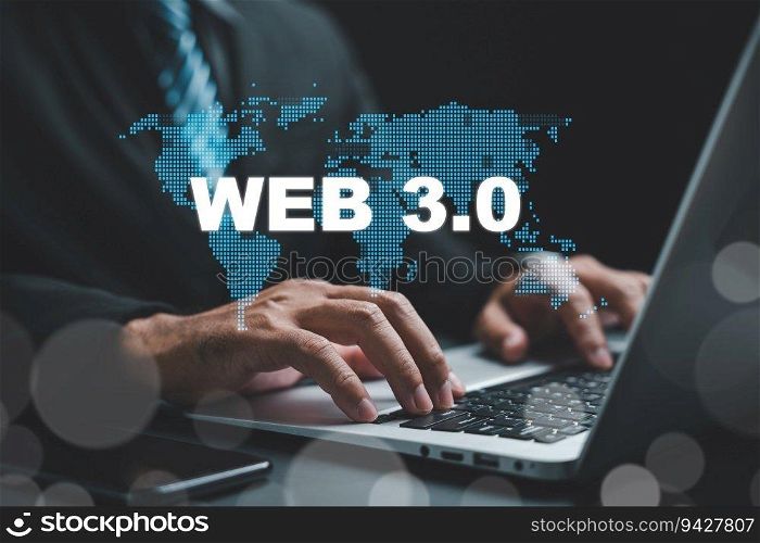 A man using a laptop showcases the cutting-edge Web 3.0 concept, highlighting the fusion of technology and the internet for business communication and modern website development. web3 concept