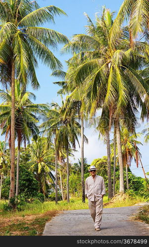 A man walking along the road in palm forest