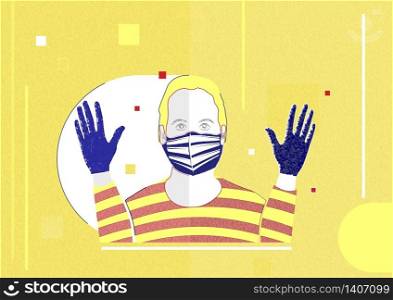 A man wearing a protective mask and gloves. The concept of virus protection. Raster illustration.