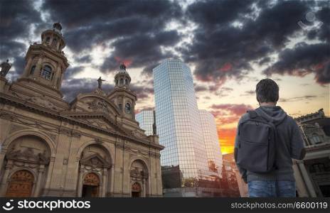 a man with a backpack travels through Santiago to Chile.