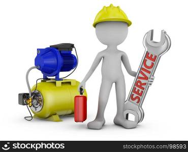 a man with a wrench and a pumping station. 3d rendering.