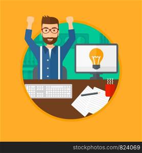 A man with arms up having a business idea. Man working on a computer with a business idea bulb on a screen. Business idea concept. Vector flat design illustration in the circle isolated on background.. Creative excited man having business idea.
