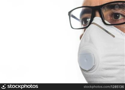 A man with mask for coronavirus protection with copyspace on white background