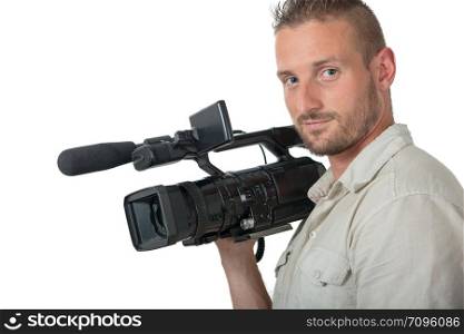 a man with professional camcorder isolated on white background