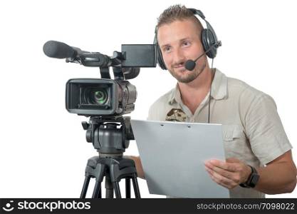 a man with professional camcorder isolated on white background