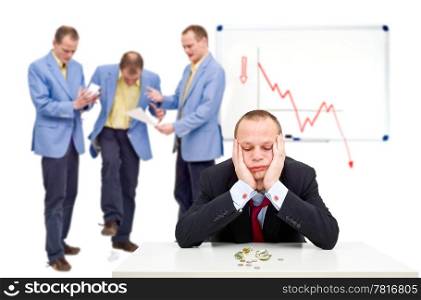 A manager having just sent his employees notice of the bankrupcy of their company, having to lay off his staff.