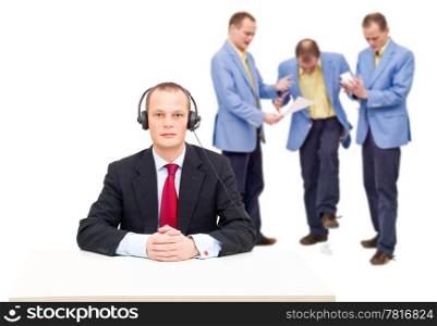 A manager, incapable of hearing the angry voices of his employees, a conceptual image of the failure to communicate in big organisations.