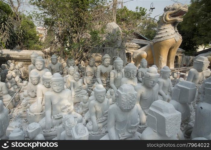 a Marble Buddha sculpture production in the City of Mandalay in Myanmar in Southeastasia.. ASIA MYANMAR MANDALAY MARBLE BUDDHA FACTORY