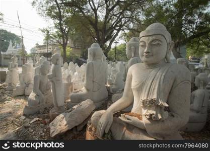 a Marble Buddha sculpture production in the City of Mandalay in Myanmar in Southeastasia.. ASIA MYANMAR MANDALAY MARBLE BUDDHA FACTORY