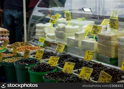 A market selling cheese in bazaar in Antalya