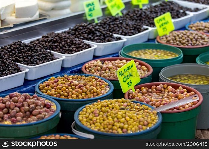 A market selling olives in Antalya bazaar