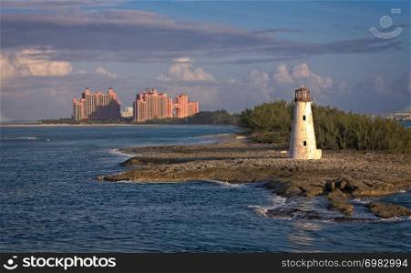 A Massive Tropical Resort near Nassau in the Bahamas. Lighthouse and Resort in Bahamas
