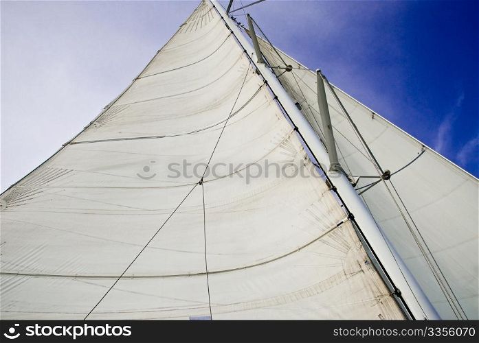 a mast with a sail of a catamaran