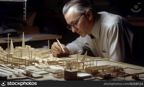 A mature man architect with determined face working with building model in creative office. Generative AI AIG21.