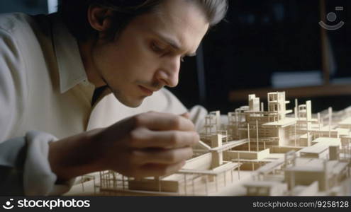 A mature man architect with determined face working with building model in creative office. Generative AI AIG21.