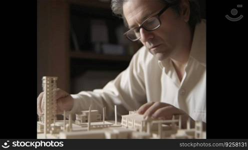 A mature man architect with determined face working with building model in creative office. Generative AI AIG21.