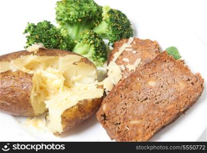 A meal of meatloaf served with baked potato, grated cheese and broccoli
