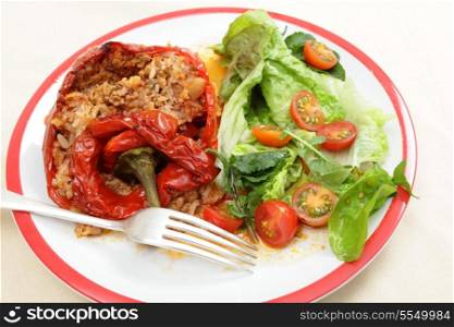 A meal of peppers filled with minced beef, tomato, parsley, onion and rice, a traditional Greek dish called gemista, served with a salad