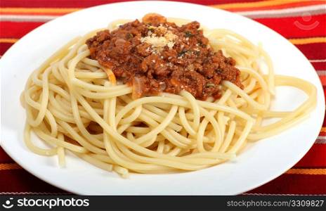 A meal of spaghetti bolognese ready to be eaten