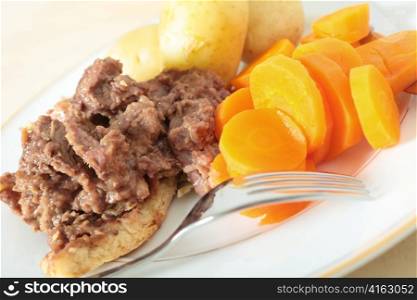 A meal of steak and kidney pudding served with boiled new potatoes and sliced carrot