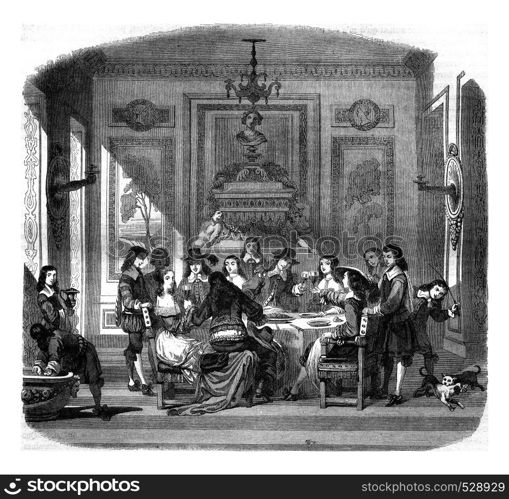 A meal under Louis XIV, vintage engraved illustration. Magasin Pittoresque 1847.