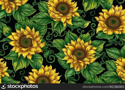 A∑mer-perfect backdrop featuring green-≤aved sunflowers in full bloom by≥≠rative AI