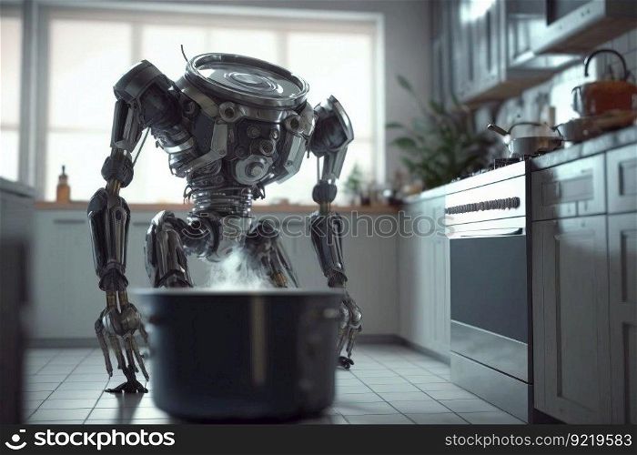 A metal robot chef prepares fresh food in a pot in the kitchen. Futuristic fantasy world concept. AI generated.. A metal robot cook prepares fresh food in a saucepan in the kitchen. AI generated.