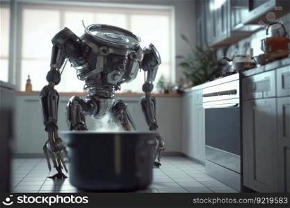 A metal robot chef prepares fresh food in a pot in the kitchen. Futuristic fantasy world concept. AI generated.. A metal robot cook prepares fresh food in a saucepan in the kitchen. AI generated.
