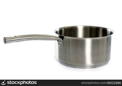 a metal saucepan in front of white background