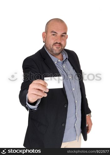 A middle age Hispanic business man standing in a black jacket showing his business card, looking for new business, isolated for white background