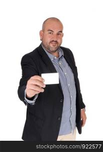 A middle age Hispanic business man standing in a black jacket showing his business card, looking for new business, isolated for white background