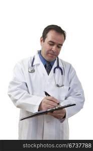 A middle aged doctor writing on a note pad