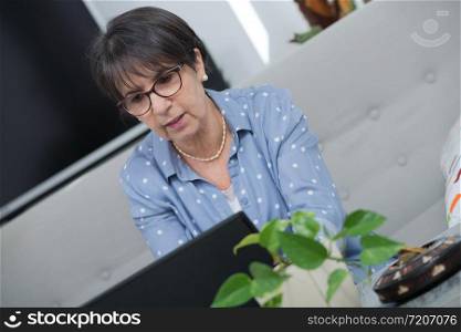 a middle-aged woman using laptop at home