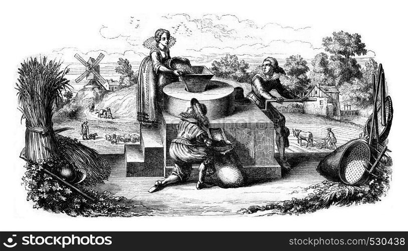 A mill arm, German allegorical engraving of the seventeenth century, vintage engraved illustration. Magasin Pittoresque 1852.
