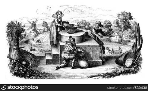 A mill arm, German allegorical engraving of the seventeenth century, vintage engraved illustration. Magasin Pittoresque 1852.