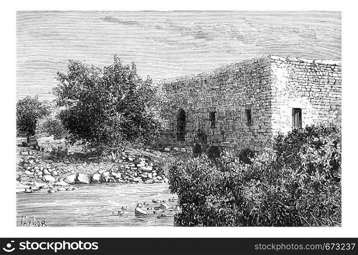 A Mill in Ras al-Ayn, Syria, vintage engraved illustration. Le Tour du Monde, Travel Journal, 1881