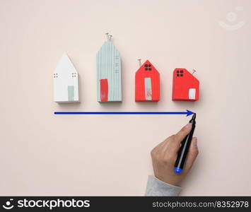 A miniature wooden house and a woman’s hand draws a graph with growing indicators. The concept of increasing the value of real estate and rent