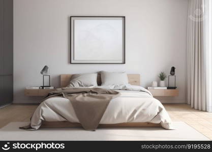 A minimalist bedroom with a mockup poster frame on a white wall, showcasing a realistic paper print. Simple design, greenery, and soft lighting make atmosphere calming. This mockup is AI generative.