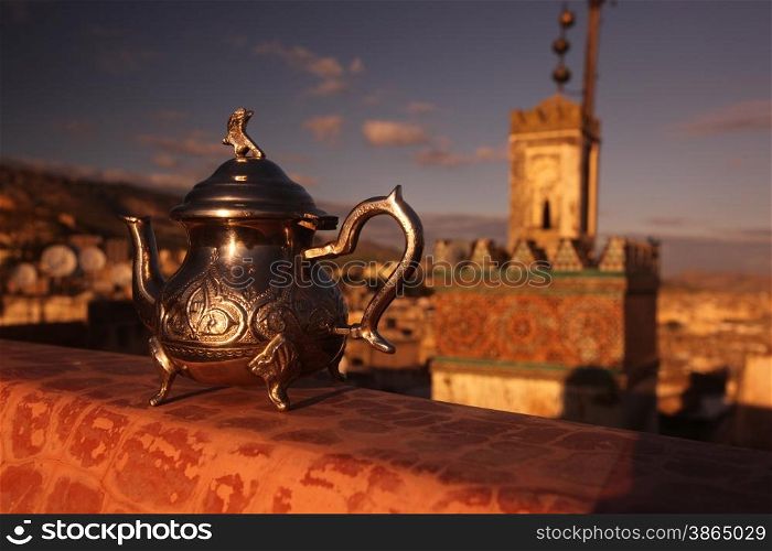 A Minttea in a teahouse in the old City in the historical Town of Fes in Morocco in north Africa.. AFRICA MAROCCO FES