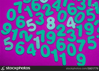 A mix of cyan numbers of single digits all on a magenta background.