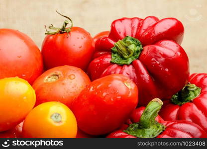 A mix of various fresh tomatoes and bell peppers from the kitchen garden