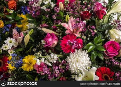 A mixed bunch of flowers as viewed from above.