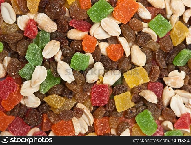 A mixture of nuts and dried fruit pieces
