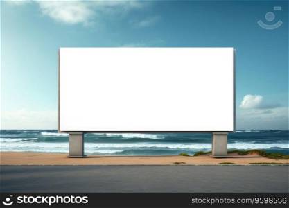 A mock-up of a street billboard for advertising against the background of the sea and rocks. A large street billboard for advertising against the background of the sea and rocks