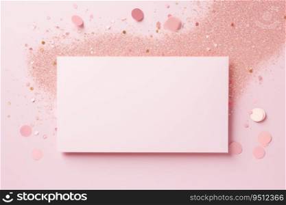A mock-up of a white and pink sheet of paper on a pink background with sequins and rhinestones in the style of Barbie, a greeting card. Confetti with an invitation card layout. A mock-up of a pink postcard stands on a pink table with sequins and rhinestones