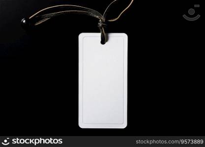 A mock-up of a white empty tag with a rope on a black background. Place for text. Layout of a white empty tag