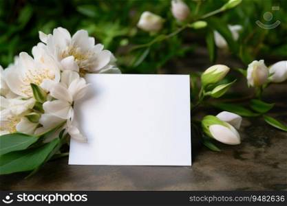 A mock-up of an empty tag stands with spring flowers in a bouquet on the table. A mock-up of an empty tag stands with spring flowers in a bouquet